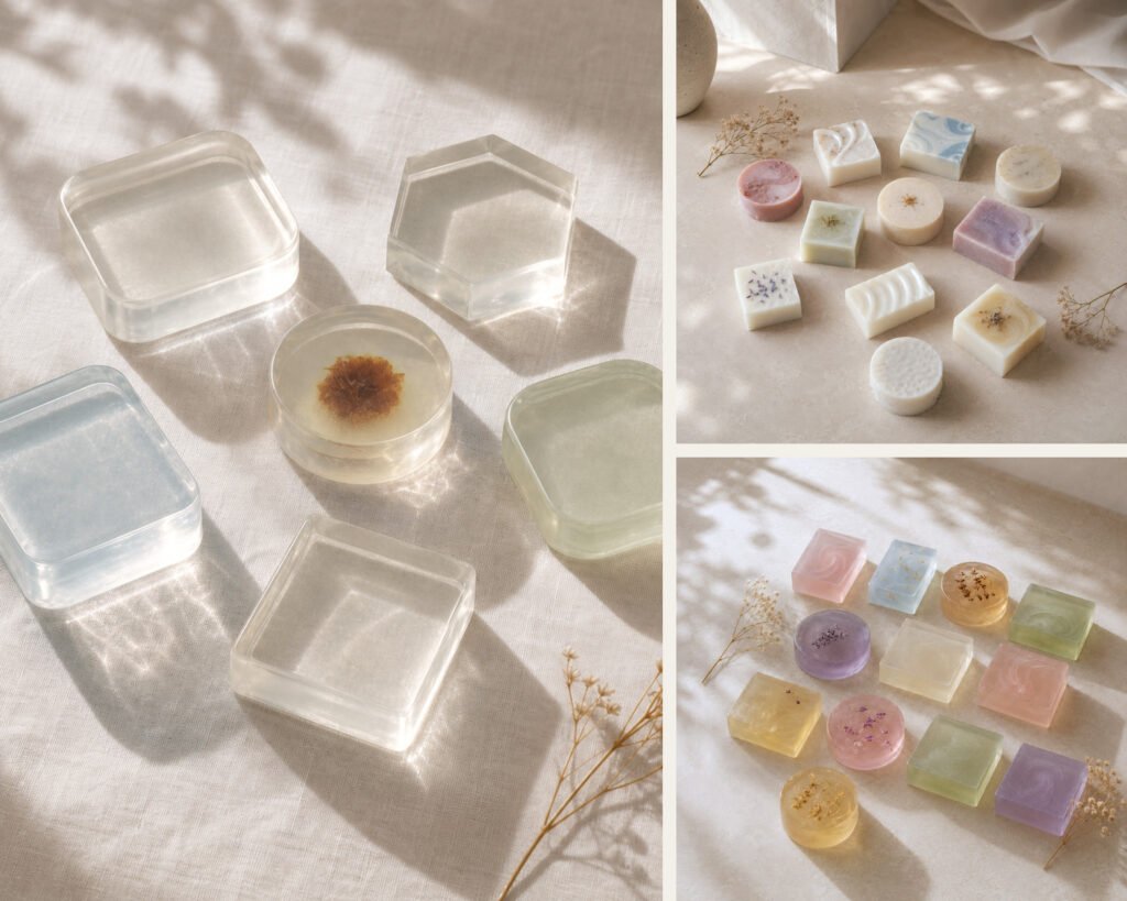 Jabones artesanales transparentes y opacos de diferentes formas y colores